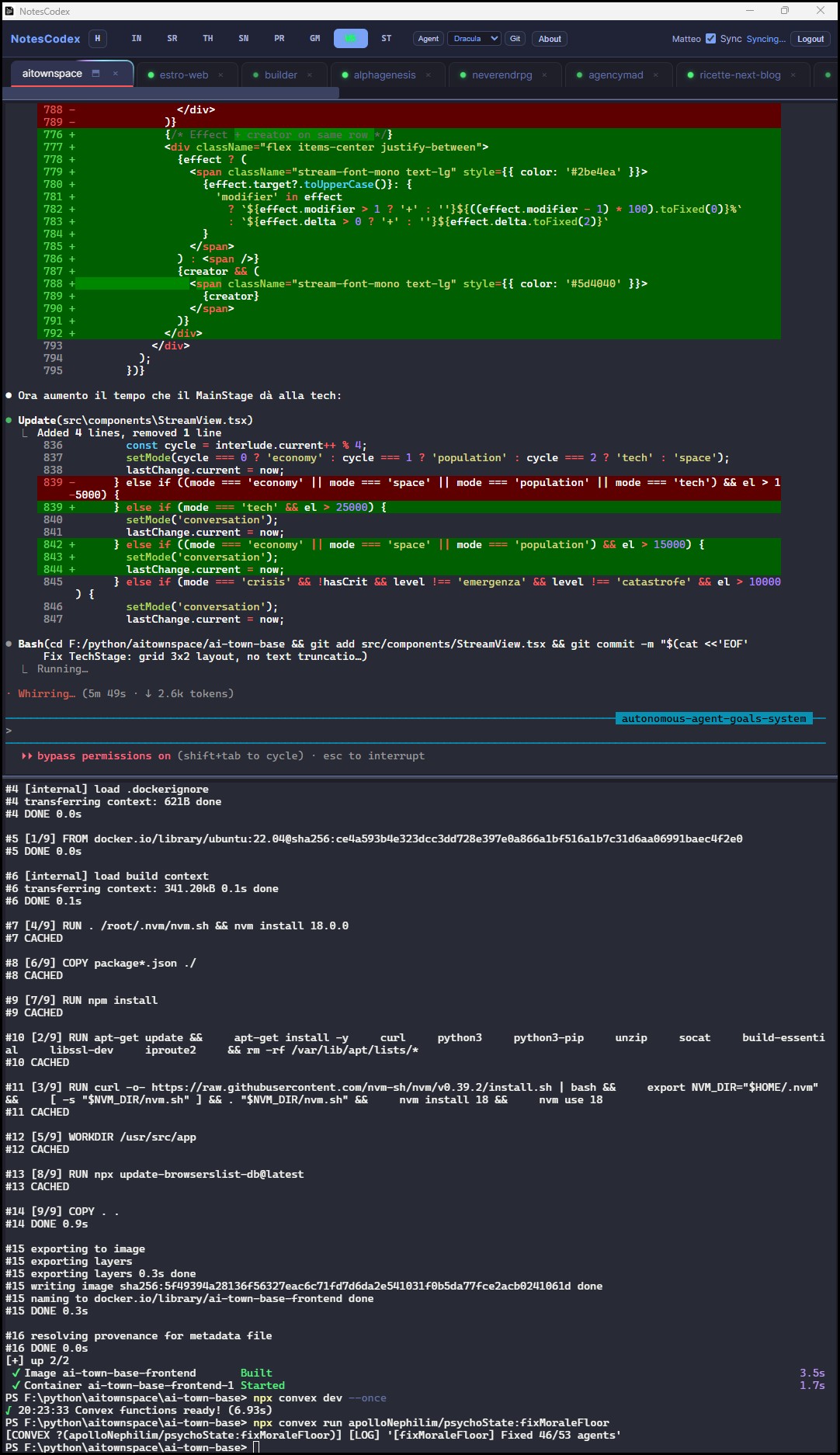 NotesCodex terminal with Agent Mode running autonomous tasks